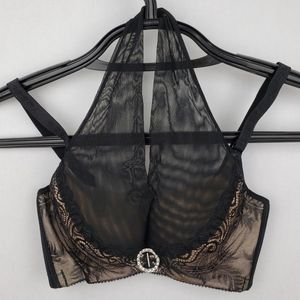 Nude & Black Mesh Halter Faux Diamond Pendant Bra